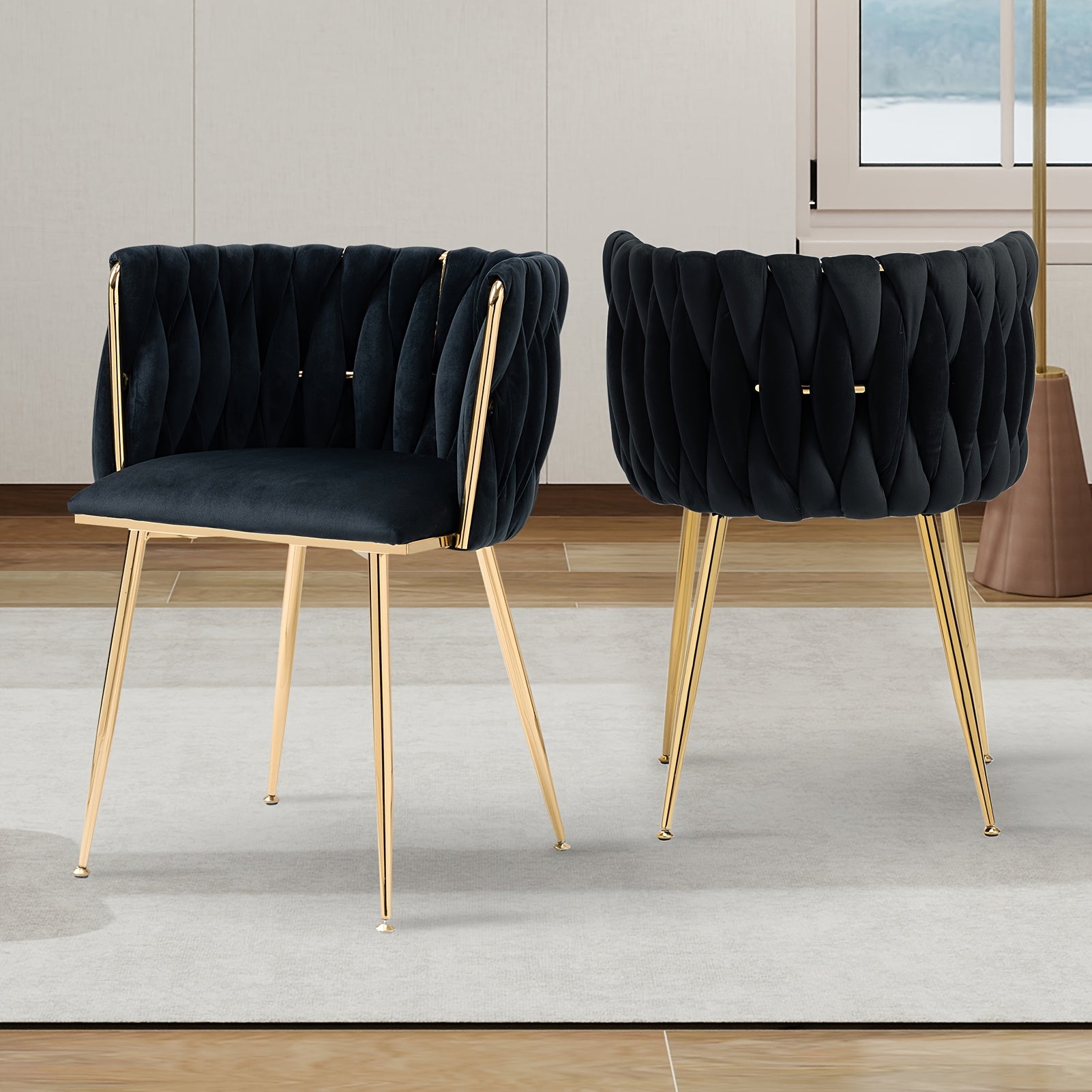 Velvet Dining Chairs Set of 2, Accent Chairs With Golden Metal Legs, Woven Upholstered, For Living Room\u002FBedroom\u002FKitchen
