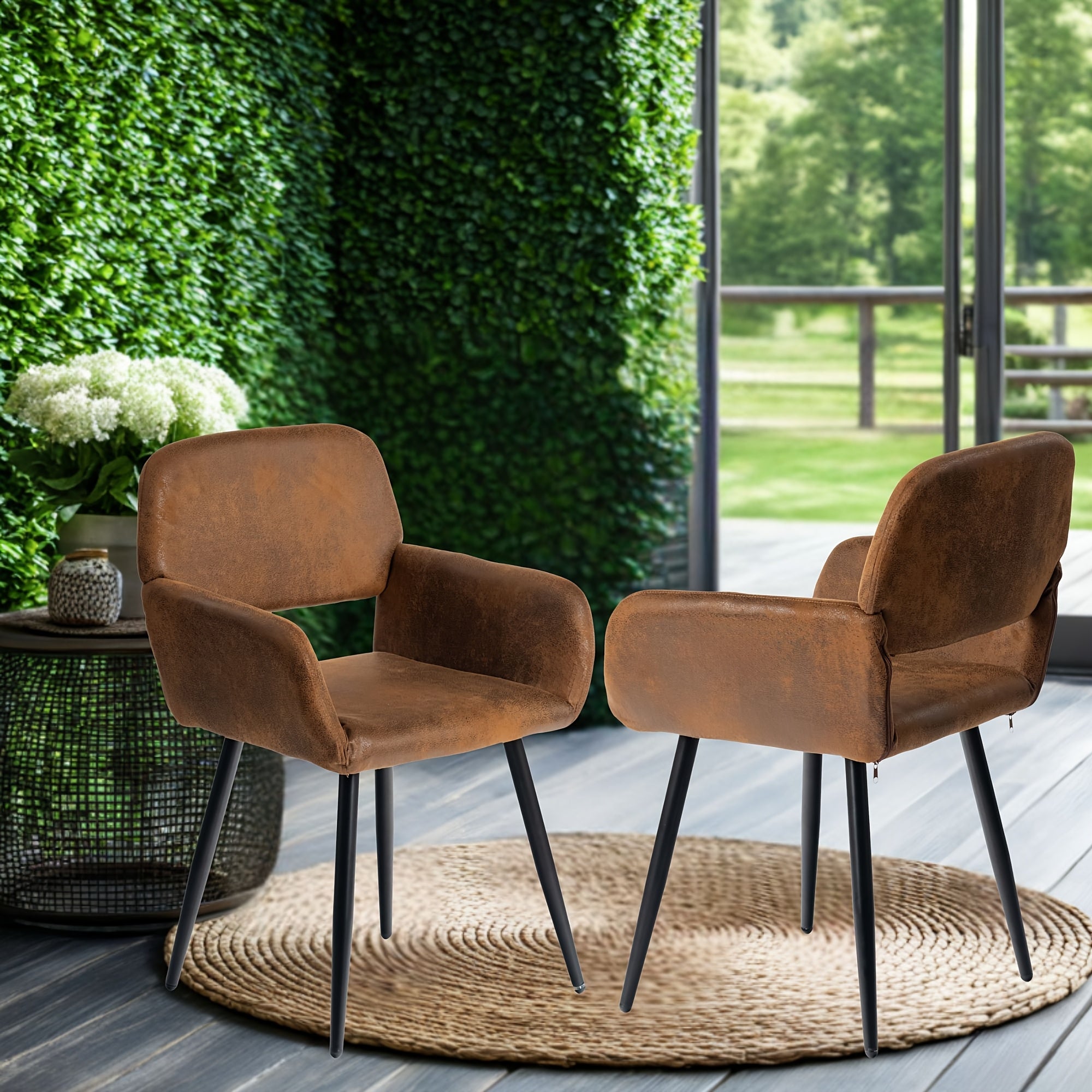 2pcs Ergonomic Dining Chairs FurnitureR Set of 2 Ergonomic Mid-Back Dining Chairs with Armrests | Steel Bracket, Hemp Cloth Seat, Solid Back, Wipe Clean Maintenance | for Patio, Balcony, Garden, Deck, Suitable for Adult, Ideal for Christmas, Halloween, Ea