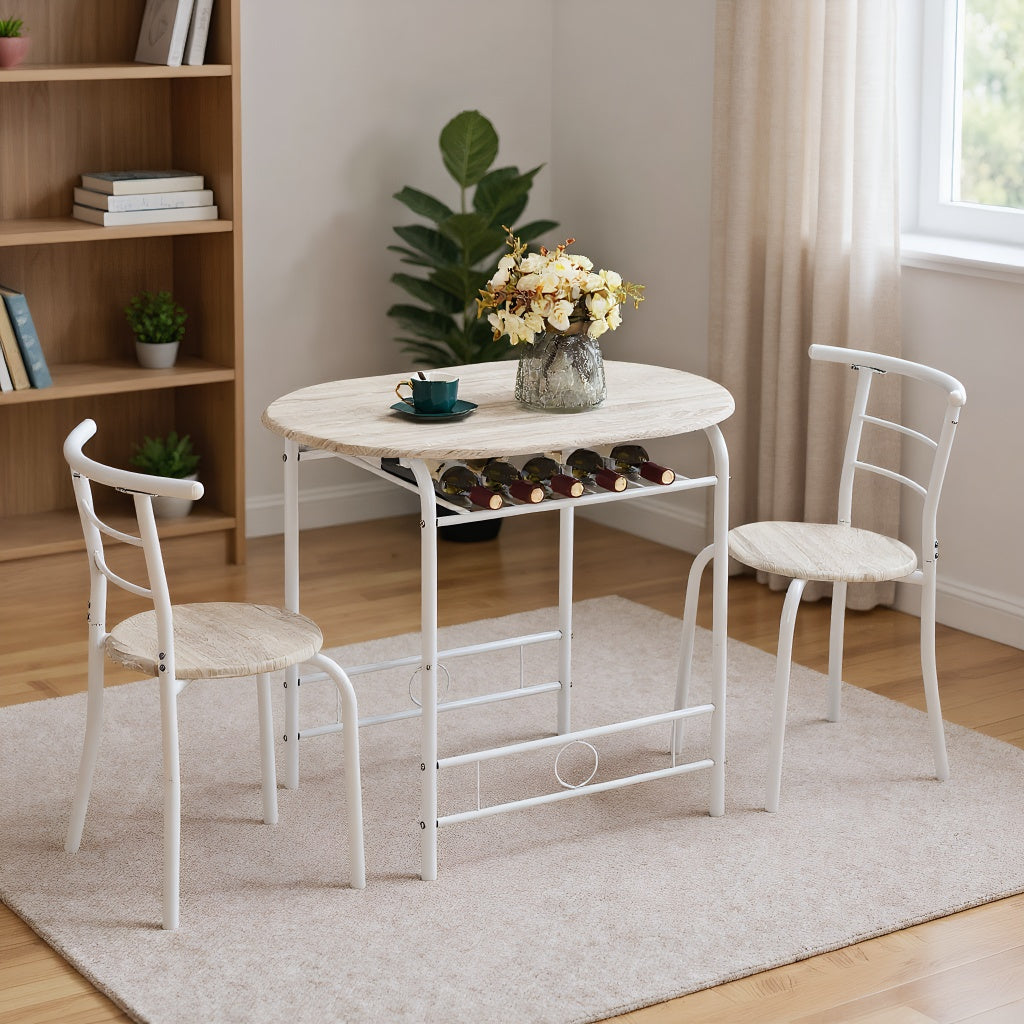 Bonnlo Minimalist 3-Piece Iron Dining Set for 2, Wooden Table and 2 Chairs Ideal for Small Kitchen, Dining Room, Apartment, Balcony & Coffee Nook, Breakfast & Negotiation Table with Storage Shelf, Metal Frame