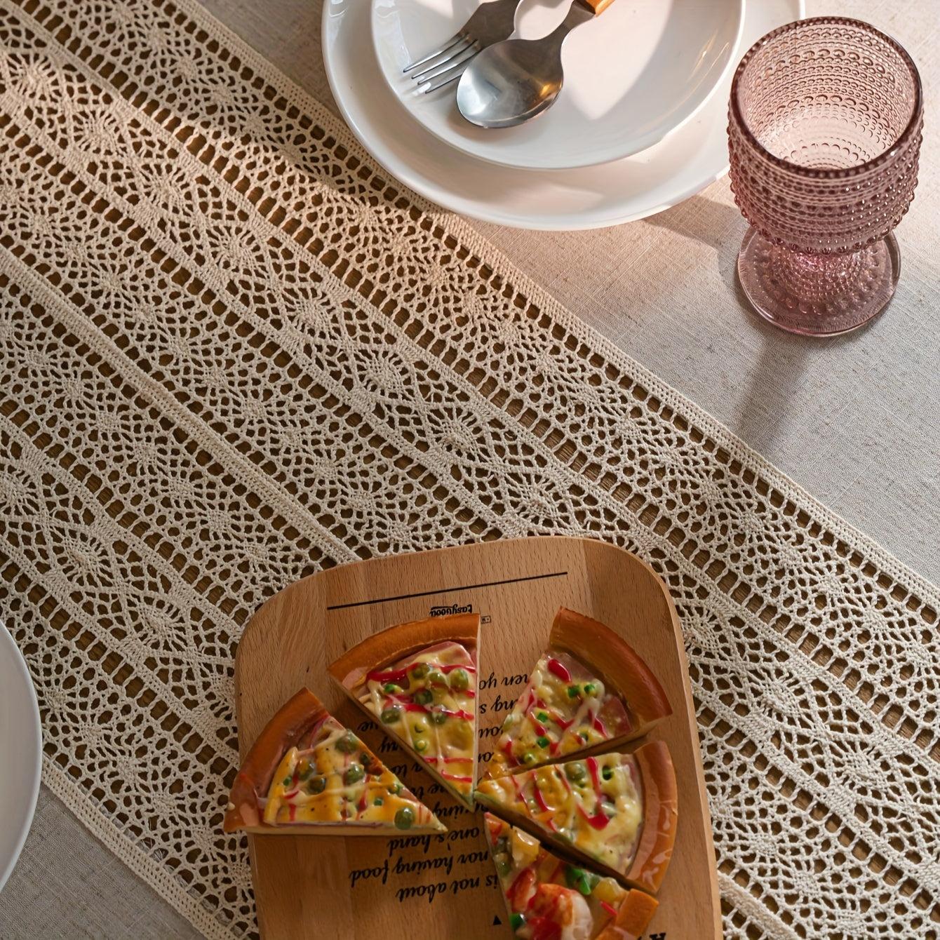 1pc Bohemian Hand-Crocheted Polyester Hemp Tablecloth | Retro Hollow Beige Fringed, Suitable for Christmas, Picnic, Dust Decoration, Square Shape, 110-120gsm