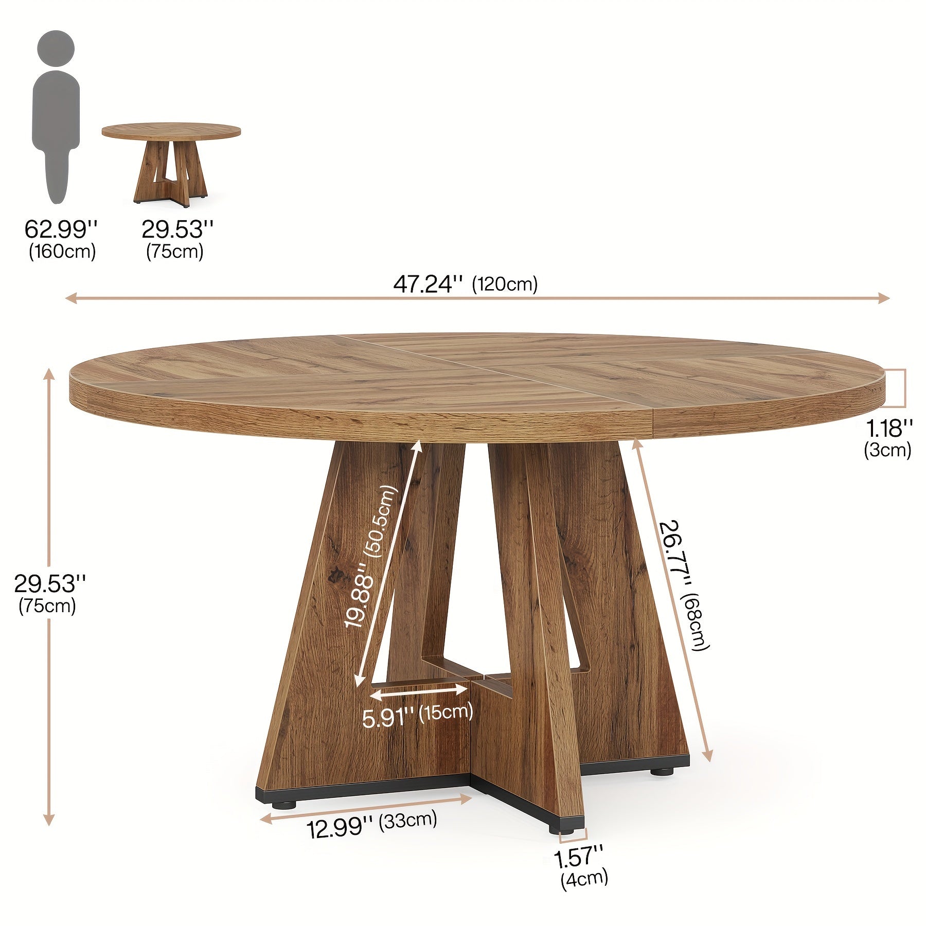 47-Inch Round Farmhouse Dining Table Suitable for 4 - Rustic Wood Table with Heavy-Duty Metal Base, MDF Top & Wood - Assembly Countryside Dinner Table, Dining Room or \u002FOutdoor Use
