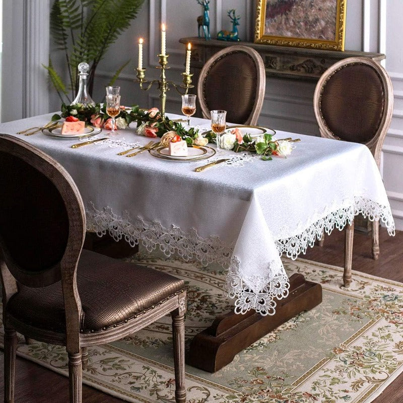 Handmade White Lace & Macrame Tablecloth with Clear Embroidery - Heavy-Duty Handwoven Border, Wrinkle & Shrink-Resistant Long Dining Table Cover Suitable for Weddings, Holidays, Parties - 52\