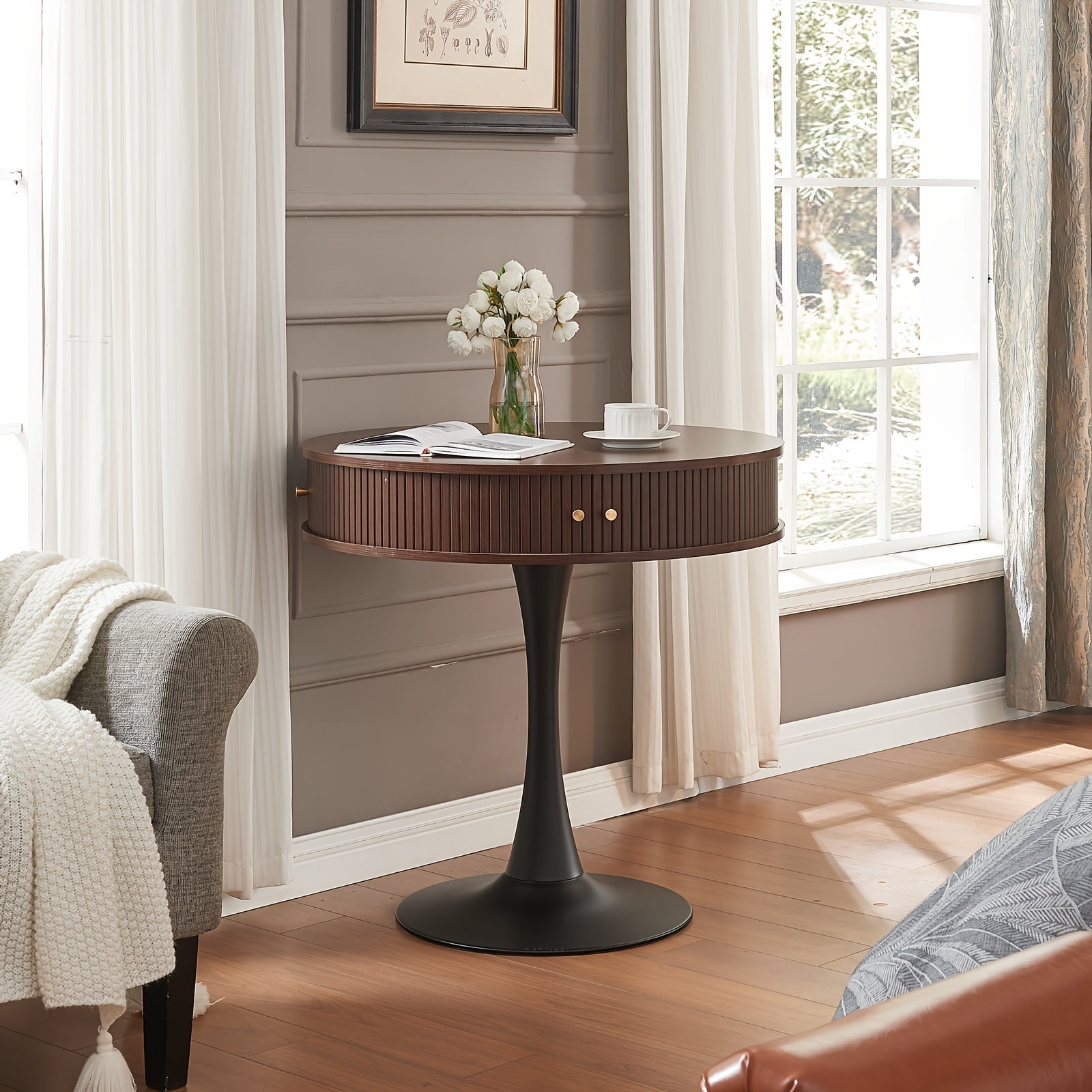 31.5-inch Round Dining Table | Suitable for 2-3 People, Farmhouse-style Wooden Kitchen Table with Mid-century Modern Design, Metal Base, Two Sliding Doors, Four Hidden Storage Compartments, Ideal for Small Spaces, Apartments, Cafes