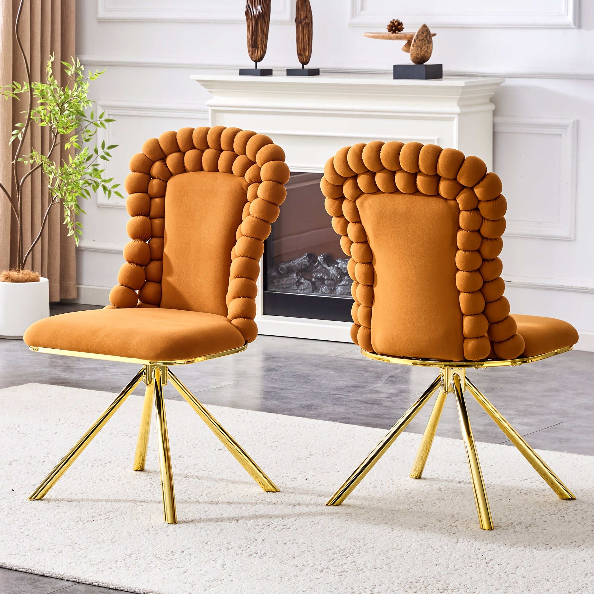 360° Swivel Dining Chairs Set Of 2, Modern Upholstered Velvet Accent Chairs with Golden Metal Legs And Unique Bubble Design Backrest, 2pcs Bubble Design Velvet Chairs for Dining Room, Living Room, Bedroom, Or Makeup Area - No Wheels