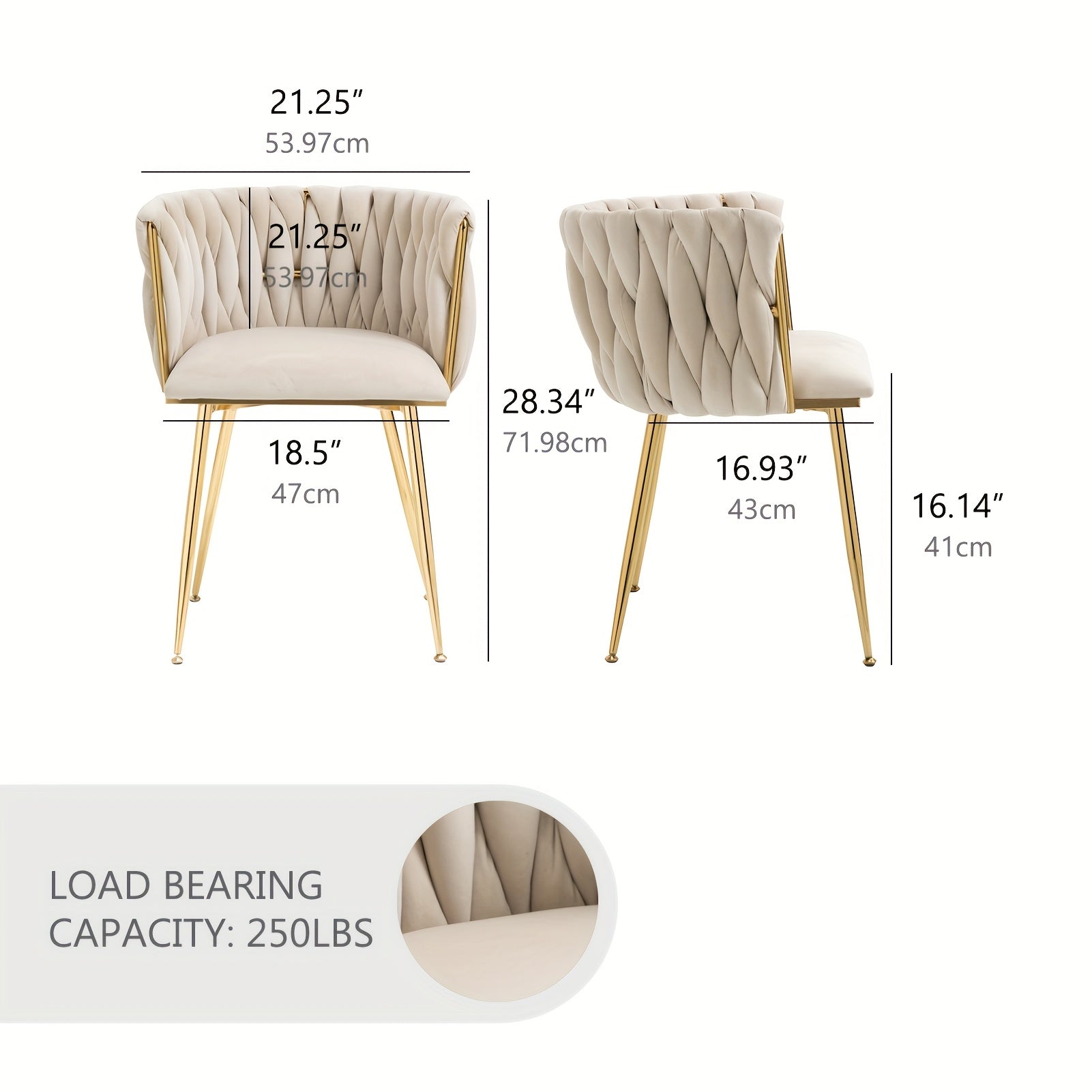 Velvet Dining Chairs Set of 2, Accent Chairs With Golden Metal Legs, Woven Upholstered, For Living Room\u002FBedroom\u002FKitchen