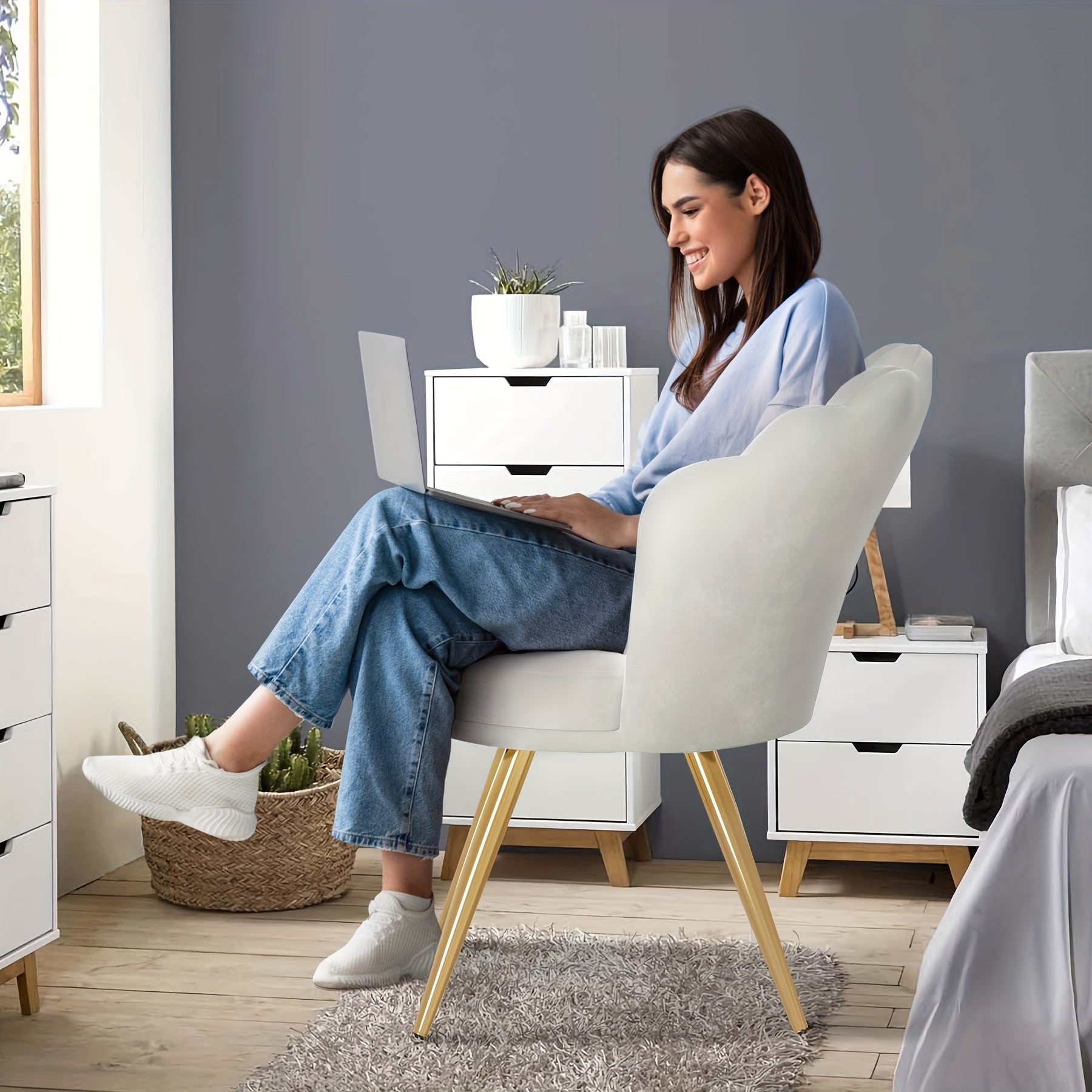 1pc Velvet Dining Chairs - Woven Upholstered, Golden Metal Legs, Modern Accent for Living Room, Dining Room, Kitchen, Comfortable Seating Solution