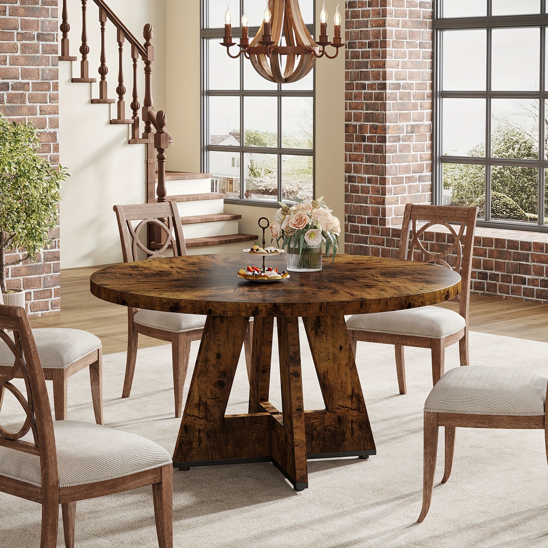 47-Inch Round Farmhouse Dining Table Suitable for 4 - Rustic Wood Table with Heavy-Duty Metal Base, MDF Top & Wood - Assembly Countryside Dinner Table, Dining Room or \u002FOutdoor Use