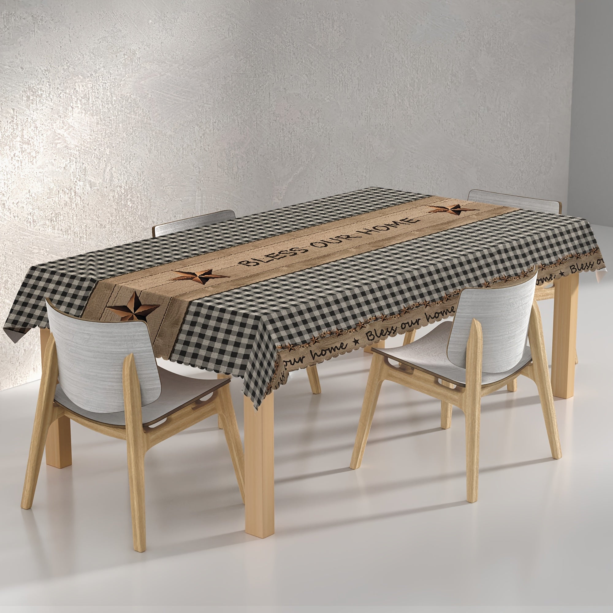 1pc Farmhouse Style Vintage Country Star Black Plaid | Decorative Dining Cloth, Polyester, Round & Rectangular Tablecloth, Indoor\u002FOutdoor, Stain &, Wrinkle-Free, Easy Care, Edge Embossed, Washable, Suitable for Dinner Party, Wedding, Home