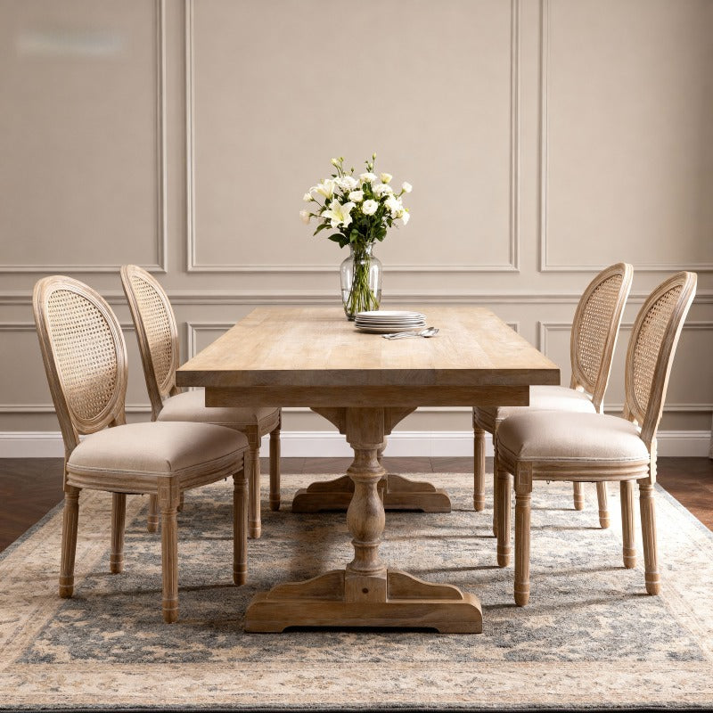 Set of 2 French Style Solid Wood Frame Linen Fabric Rattan Back Dining Chairs | Beige, Modern Style, Dry Clean Care