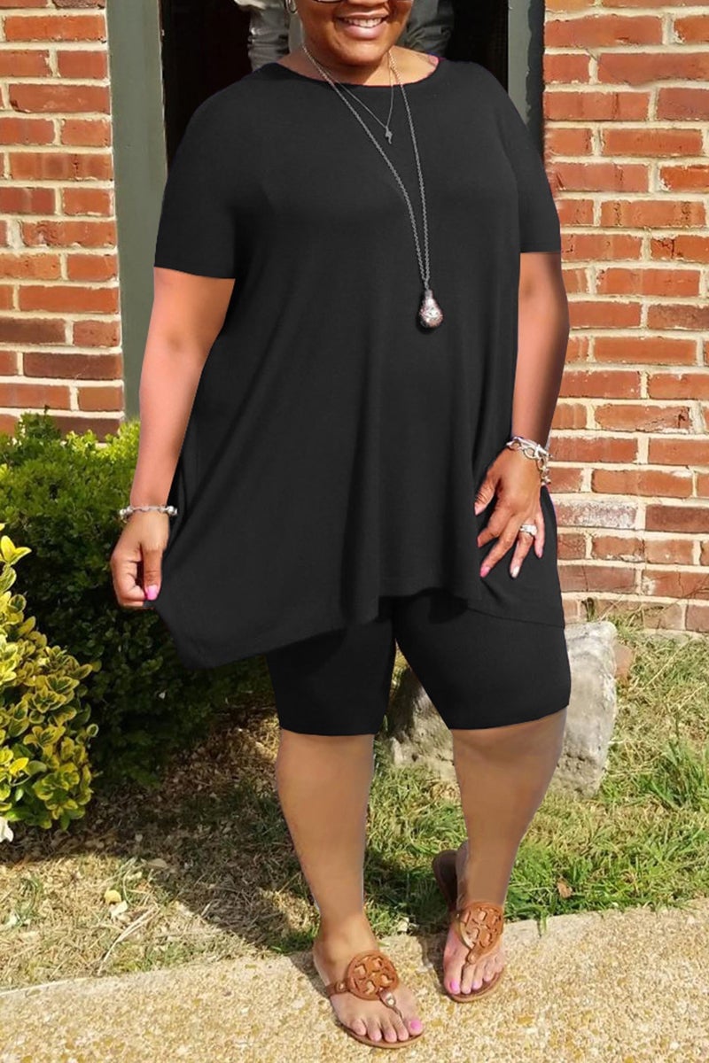 Last Day 48%OFF-Plus Size Ruffled Hem Solid Color Top & Shorts