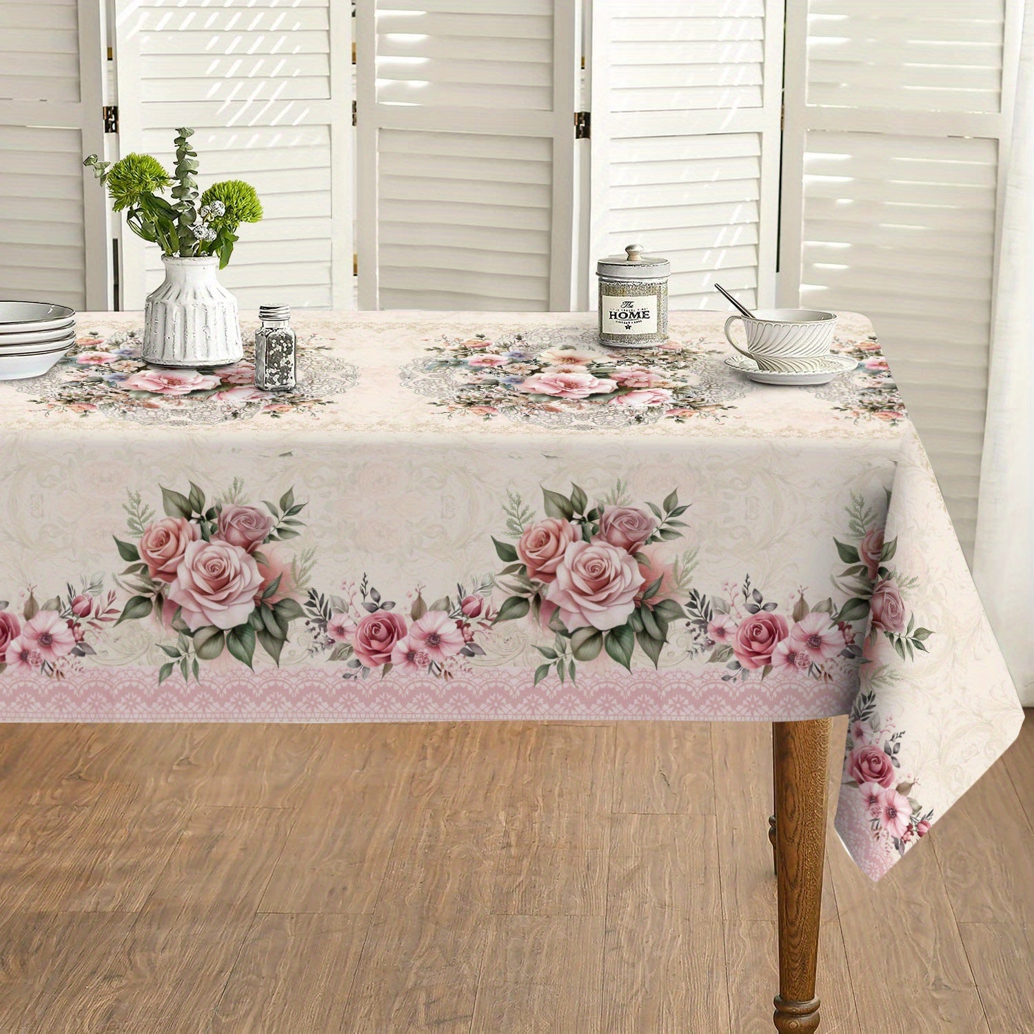 A Polyester Tablecloth Featuring a Vintage Rose Floral Pattern, Perfect for Spring And Summer Celebrations Like Valentine'S Day And Mother'S Day, Suitable for Picnics, Dinners, And Kitchen Or Restaurant Decor