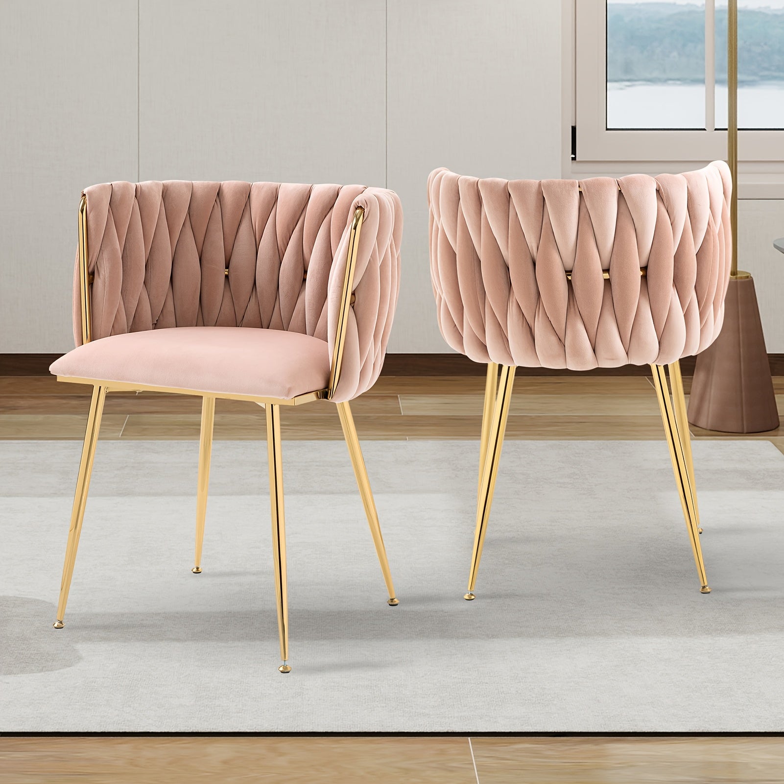 Velvet Dining Chairs Set of 2, Accent Chairs With Golden Metal Legs, Woven Upholstered, For Living Room\u002FBedroom\u002FKitchen