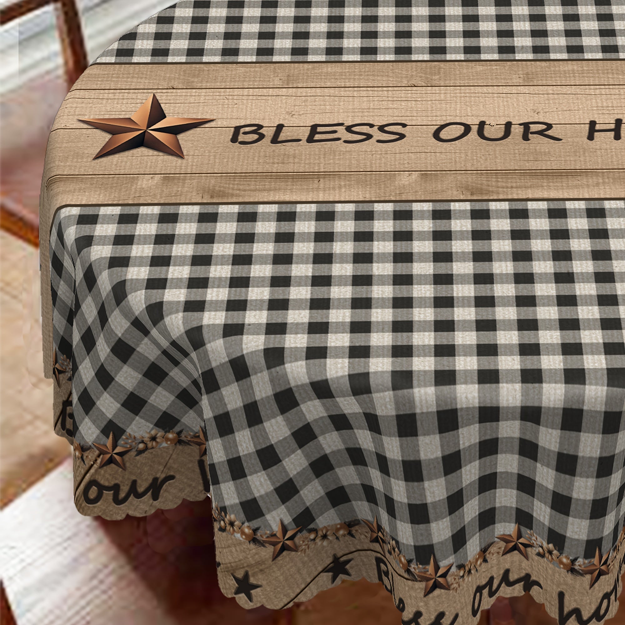 1pc Farmhouse Style Vintage Country Star Black Plaid | Decorative Dining Cloth, Polyester, Round & Rectangular Tablecloth, Indoor\u002FOutdoor, Stain &, Wrinkle-Free, Easy Care, Edge Embossed, Washable, Suitable for Dinner Party, Wedding, Home