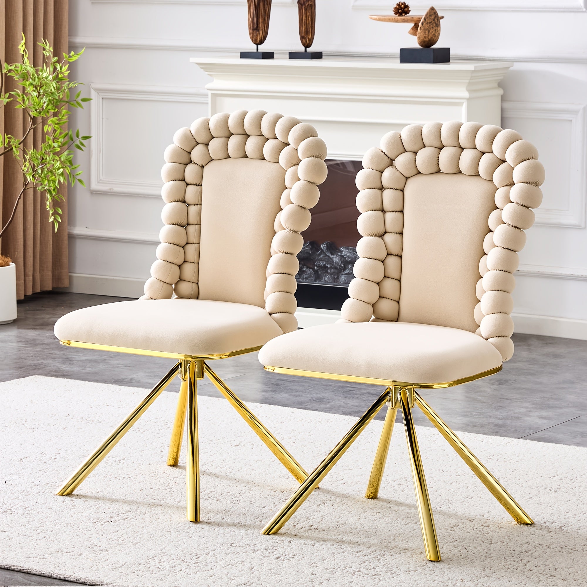 360° Swivel Dining Chairs Set Of 2, Modern Upholstered Velvet Accent Chairs with Golden Metal Legs And Unique Bubble Design Backrest, 2pcs Bubble Design Velvet Chairs for Dining Room, Living Room, Bedroom, Or Makeup Area - No Wheels