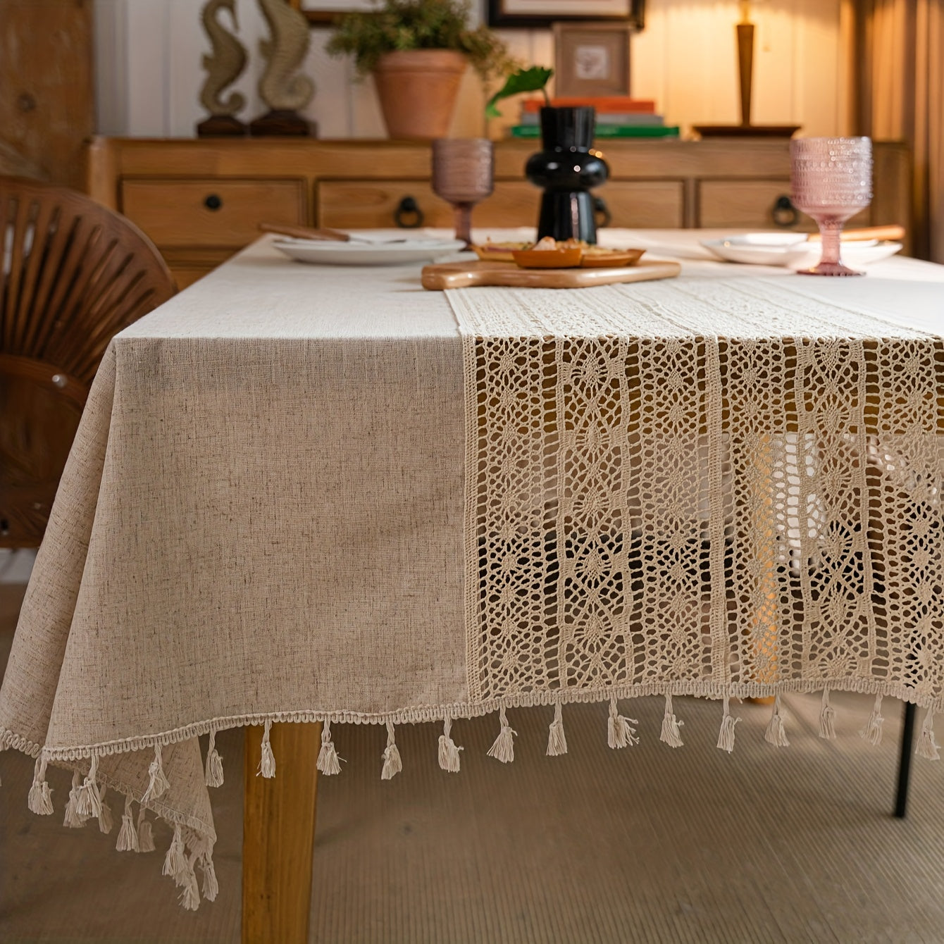 1pc Bohemian Hand-Crocheted Polyester Hemp Tablecloth | Retro Hollow Beige Fringed, Suitable for Christmas, Picnic, Dust Decoration, Square Shape, 110-120gsm
