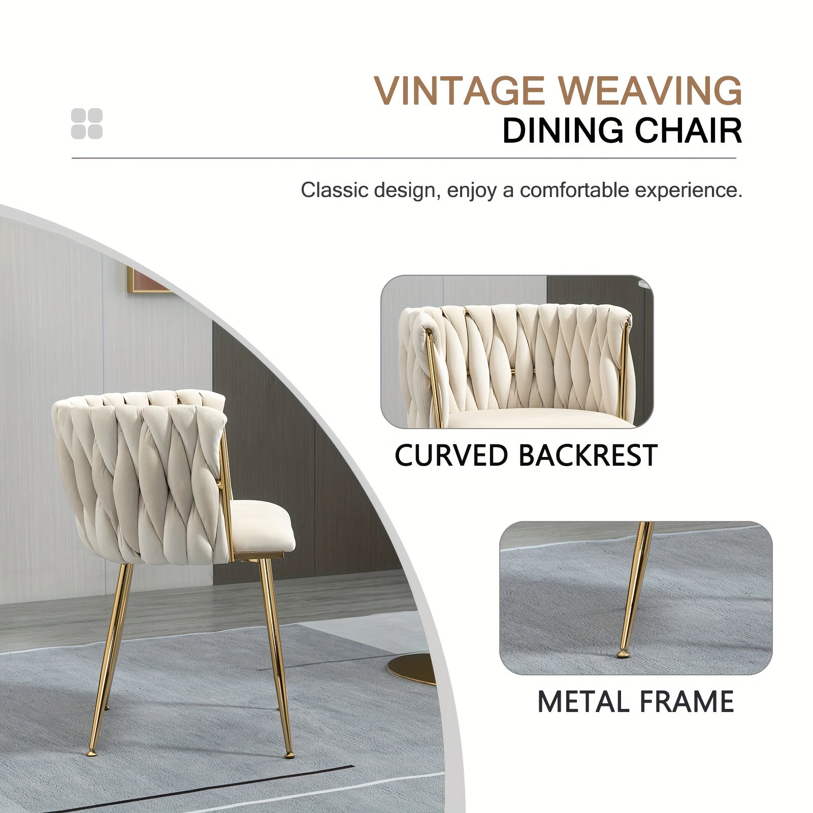 Velvet Dining Chairs Set of 2, Accent Chairs With Golden Metal Legs, Woven Upholstered, For Living Room\u002FBedroom\u002FKitchen