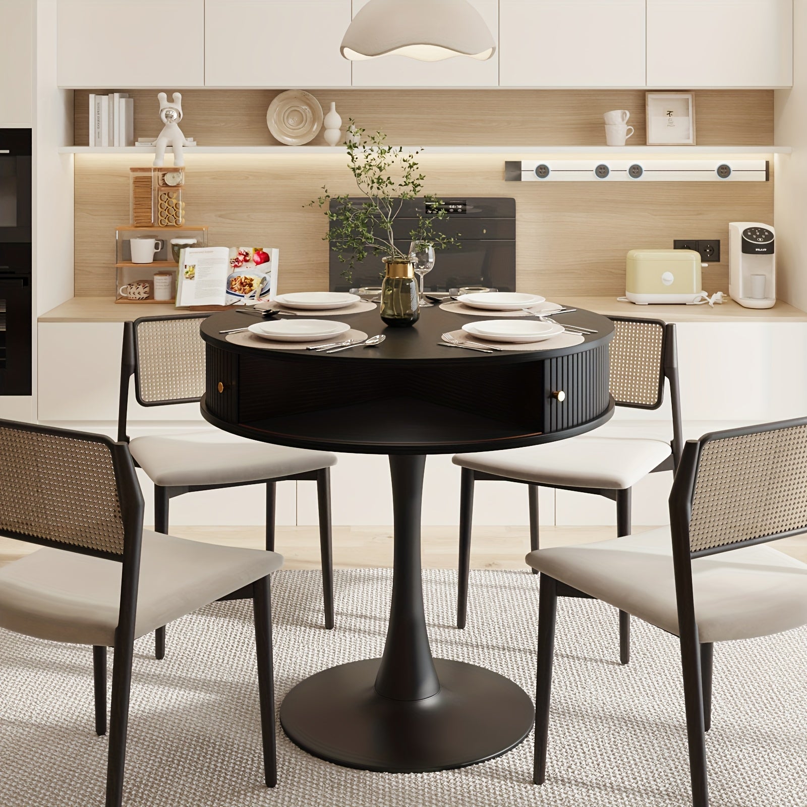 31.5-inch Round Dining Table | Suitable for 2-3 People, Farmhouse-style Wooden Kitchen Table with Mid-century Modern Design, Metal Base, Two Sliding Doors, Four Hidden Storage Compartments, Ideal for Small Spaces, Apartments, Cafes