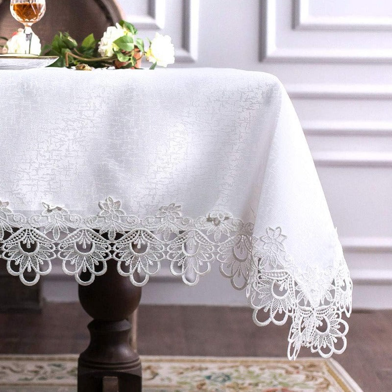 Handmade White Lace & Macrame Tablecloth with Clear Embroidery - Heavy-Duty Handwoven Border, Wrinkle & Shrink-Resistant Long Dining Table Cover Suitable for Weddings, Holidays, Parties - 52\