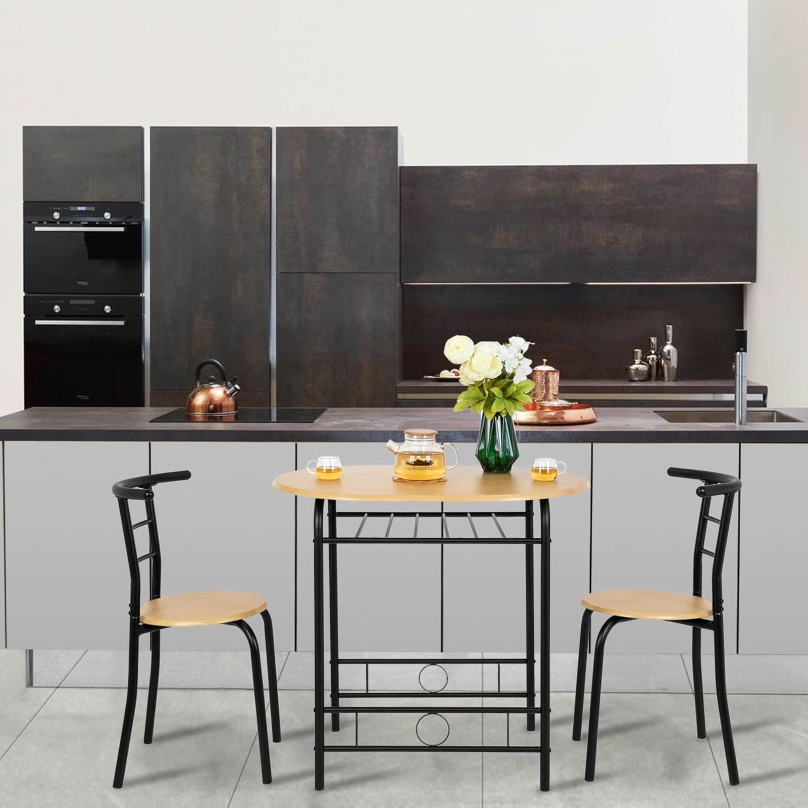 Bonnlo Minimalist 3-Piece Iron Dining Set for 2, Wooden Table and 2 Chairs Ideal for Small Kitchen, Dining Room, Apartment, Balcony & Coffee Nook, Breakfast & Negotiation Table with Storage Shelf, Metal Frame