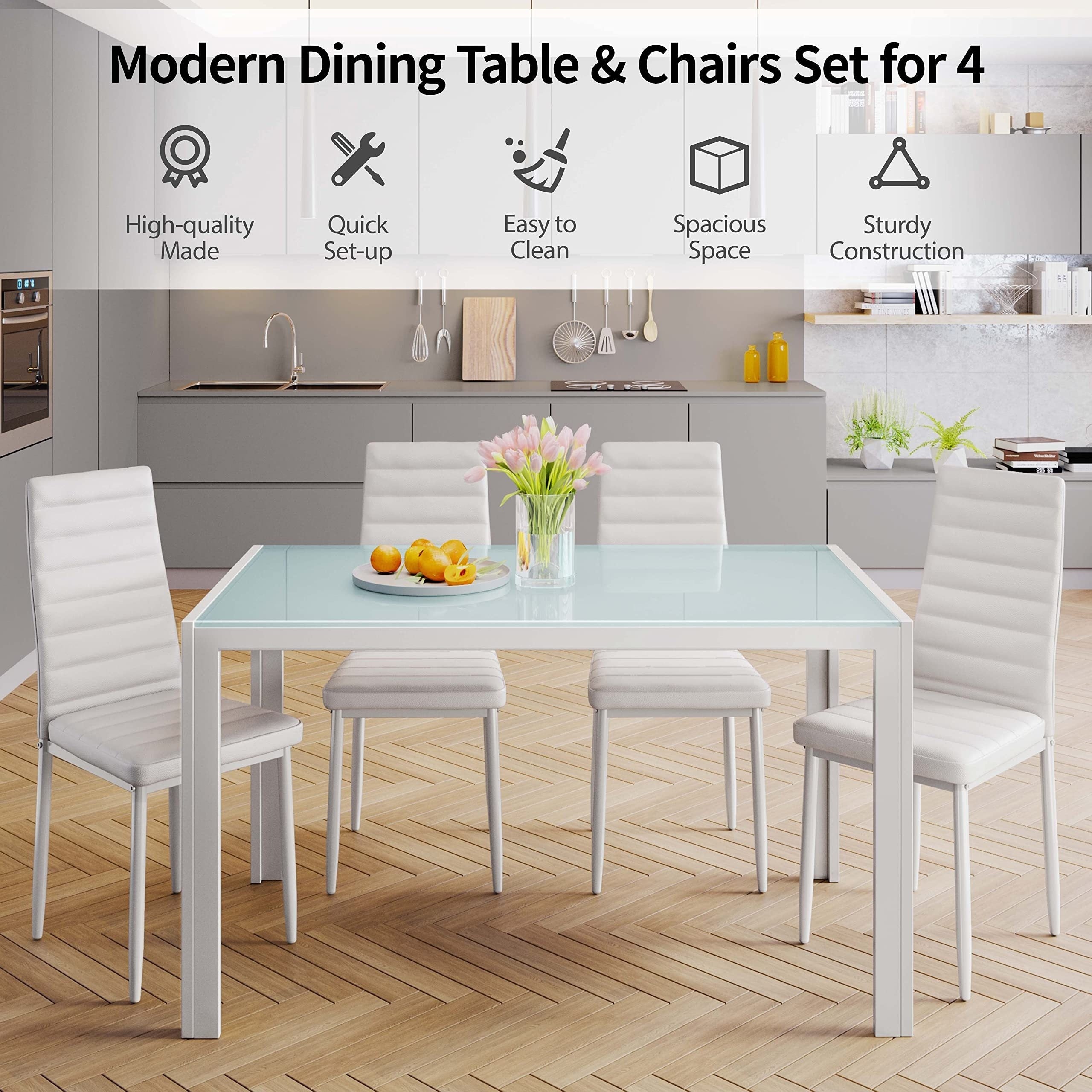 Set of 5 Glass Dining Table with Chairs for 4, Modern PU Leather Furniture for Home, Kitchen, And Living Room in White