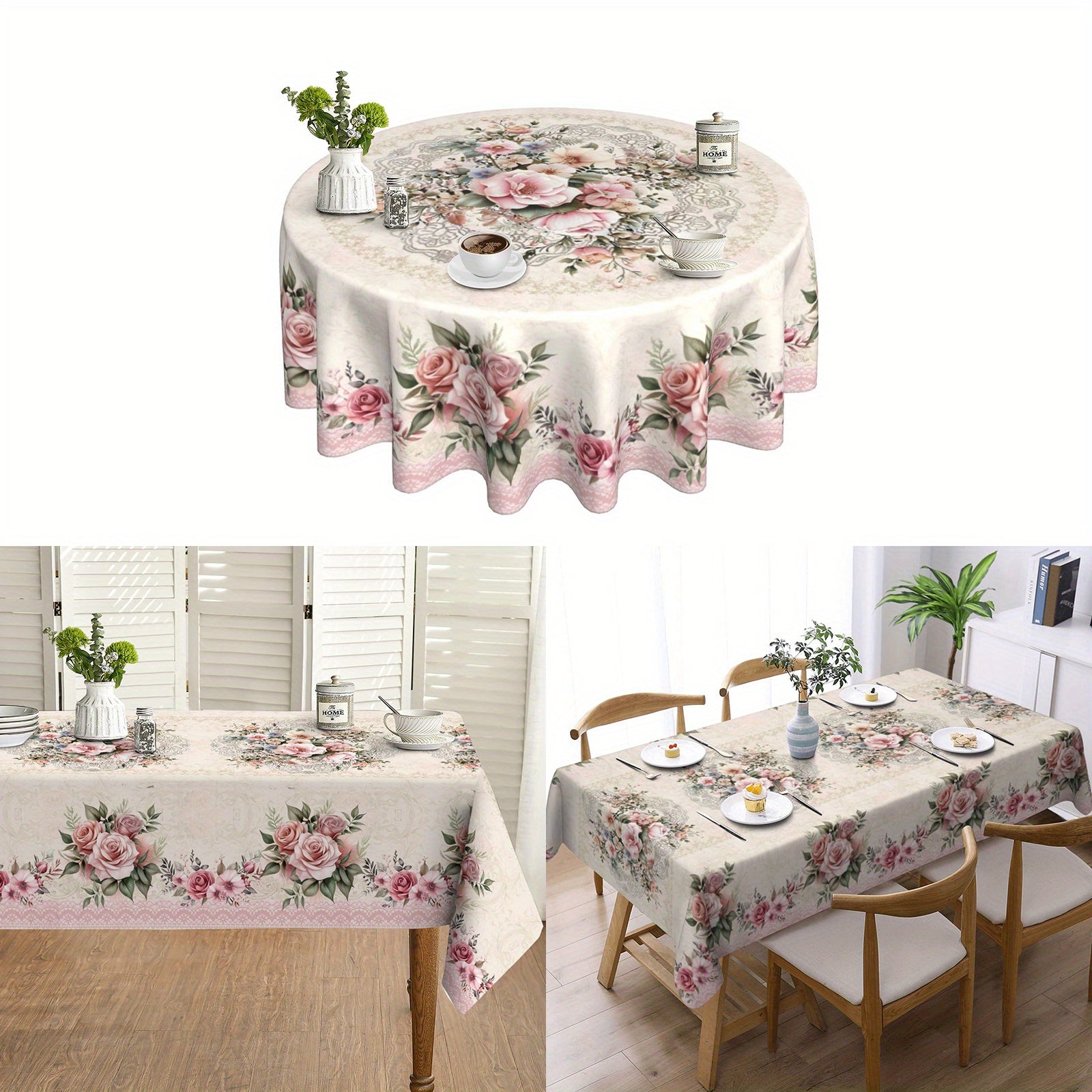 A Polyester Tablecloth Featuring a Vintage Rose Floral Pattern, Perfect for Spring And Summer Celebrations Like Valentine'S Day And Mother'S Day, Suitable for Picnics, Dinners, And Kitchen Or Restaurant Decor