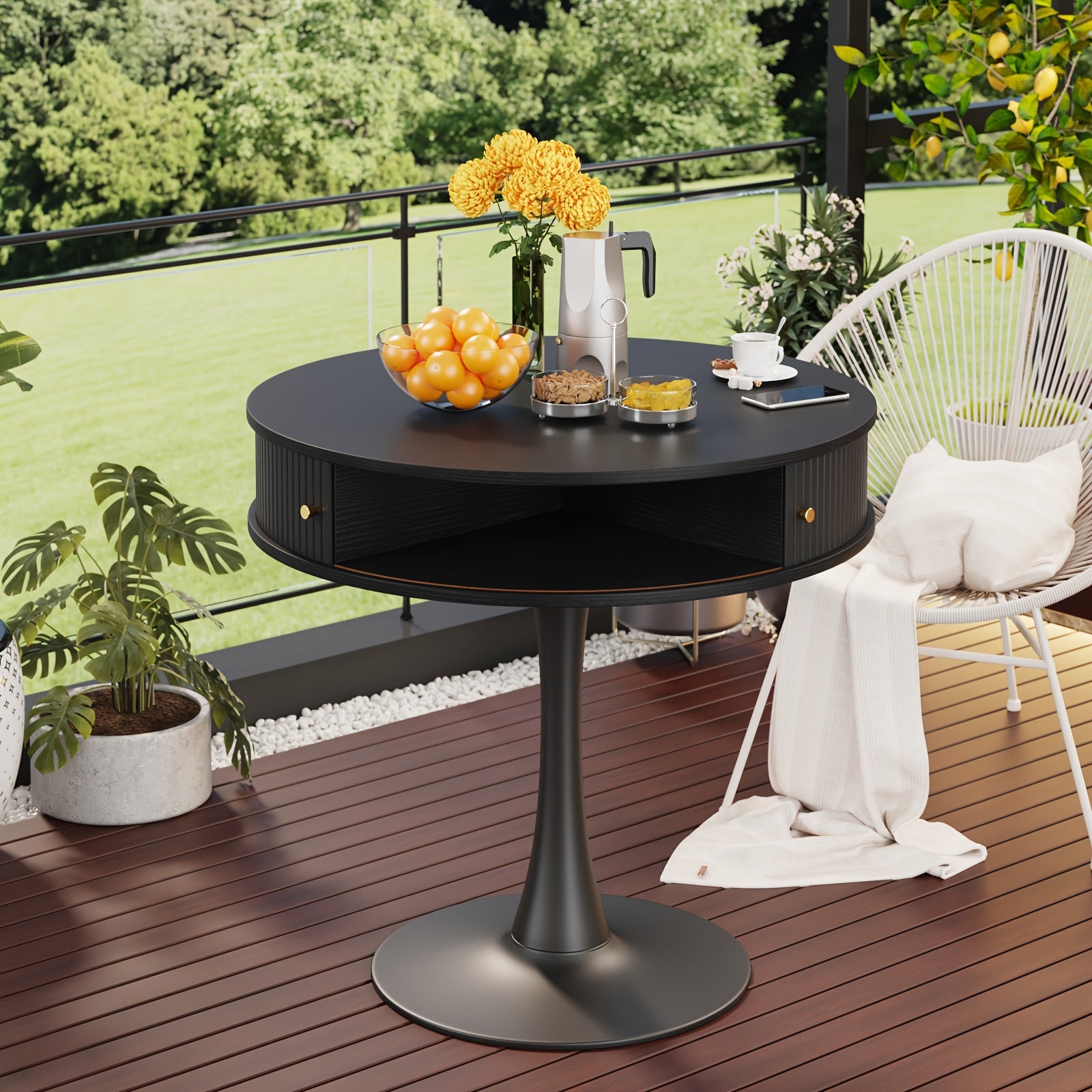 31.5-inch Round Dining Table | Suitable for 2-3 People, Farmhouse-style Wooden Kitchen Table with Mid-century Modern Design, Metal Base, Two Sliding Doors, Four Hidden Storage Compartments, Ideal for Small Spaces, Apartments, Cafes