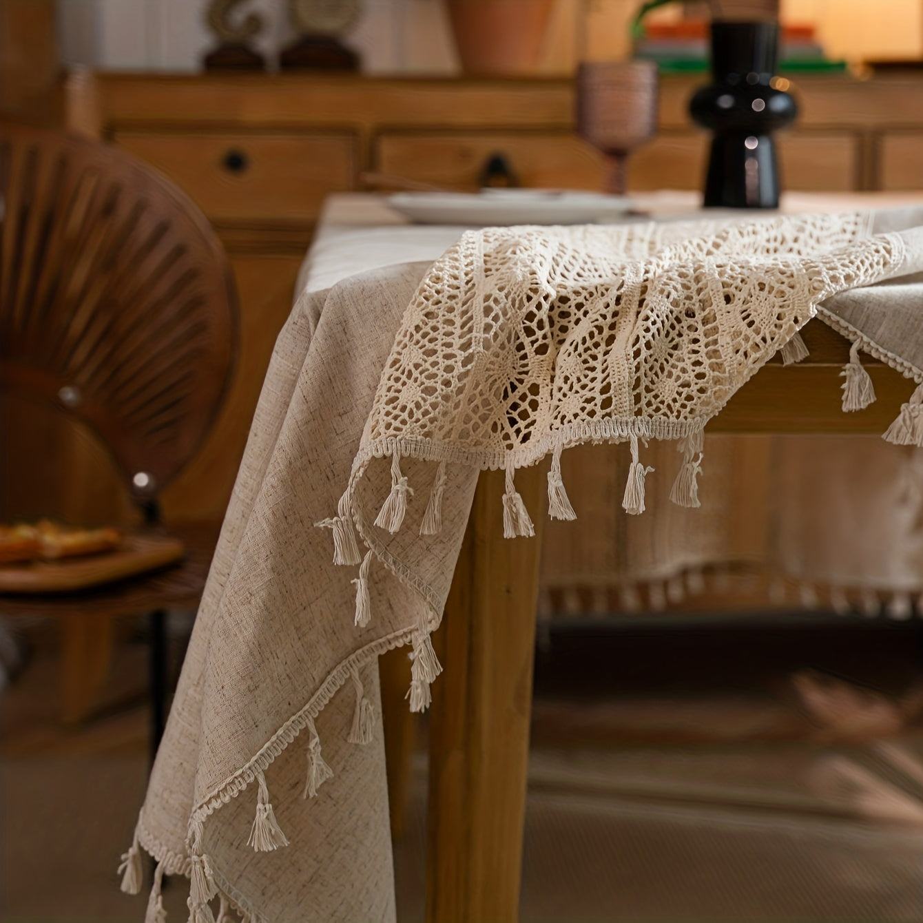 1pc Bohemian Hand-Crocheted Polyester Hemp Tablecloth | Retro Hollow Beige Fringed, Suitable for Christmas, Picnic, Dust Decoration, Square Shape, 110-120gsm
