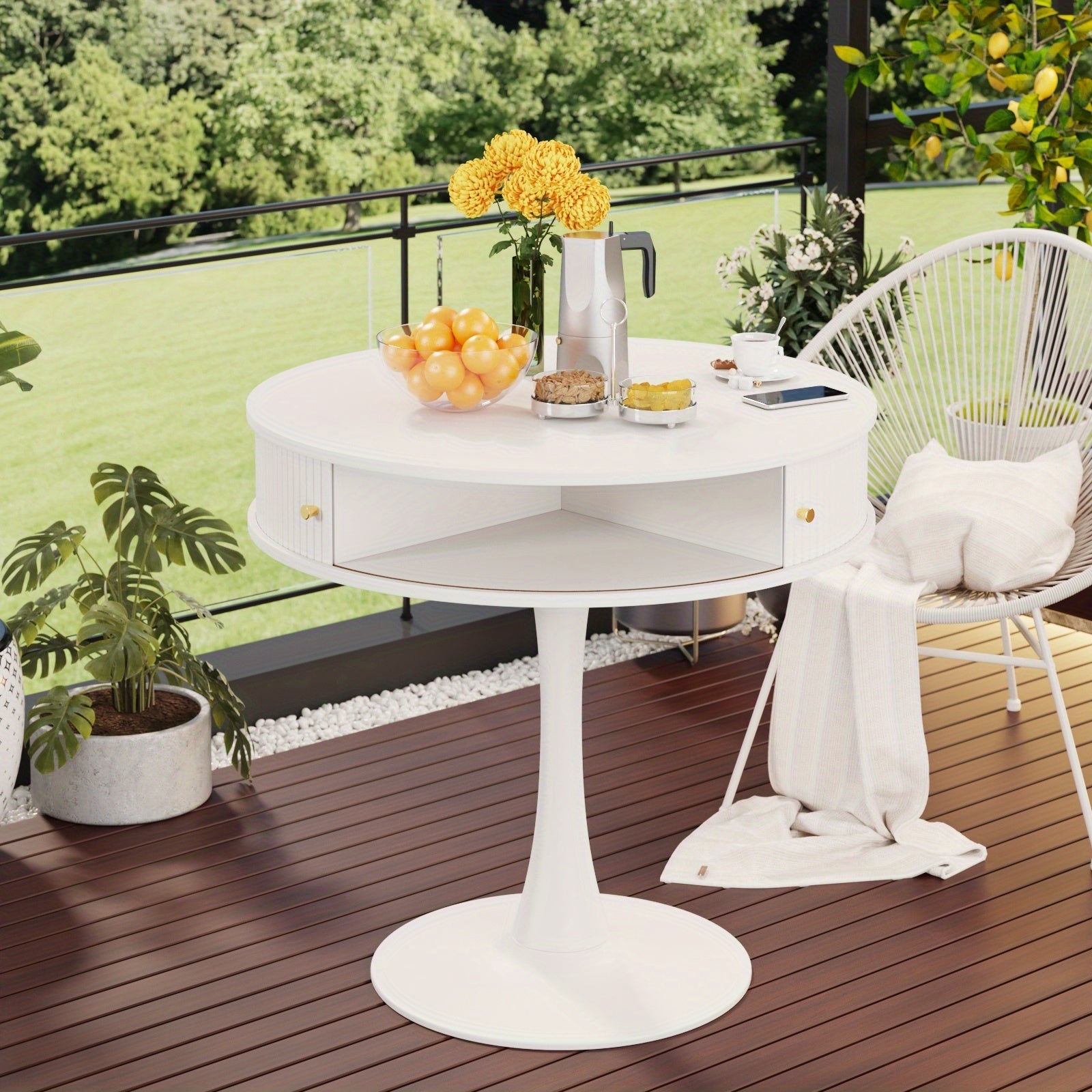 31.5-inch Round Dining Table | Suitable for 2-3 People, Farmhouse-style Wooden Kitchen Table with Mid-century Modern Design, Metal Base, Two Sliding Doors, Four Hidden Storage Compartments, Ideal for Small Spaces, Apartments, Cafes