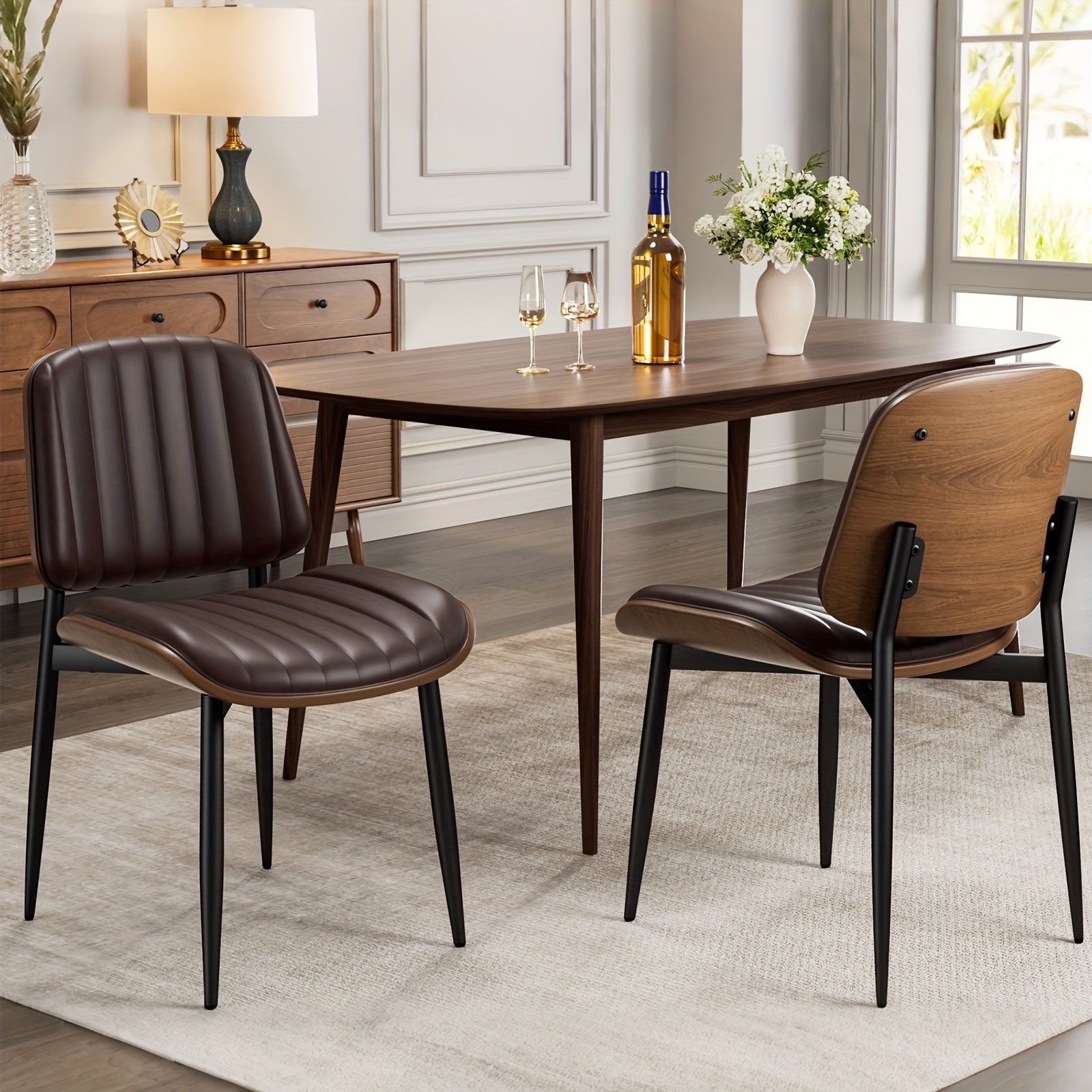 Dining Chair Set of 2, Shell Pattern Upholstered PU Leather with Adjustable Feet, Sponge Backrest and Metal Legs, Suitable for Home Restaurant & Kitchen, Kitchen Seating and Restaurant Chairs, Stylish Seating with Contemporary Design, Highquality Leather