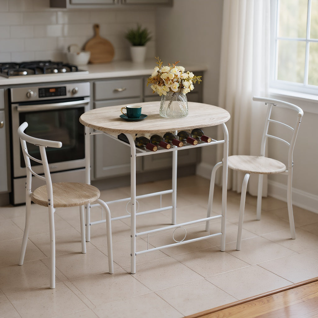 Bonnlo Minimalist 3-Piece Iron Dining Set for 2, Wooden Table and 2 Chairs Ideal for Small Kitchen, Dining Room, Apartment, Balcony & Coffee Nook, Breakfast & Negotiation Table with Storage Shelf, Metal Frame