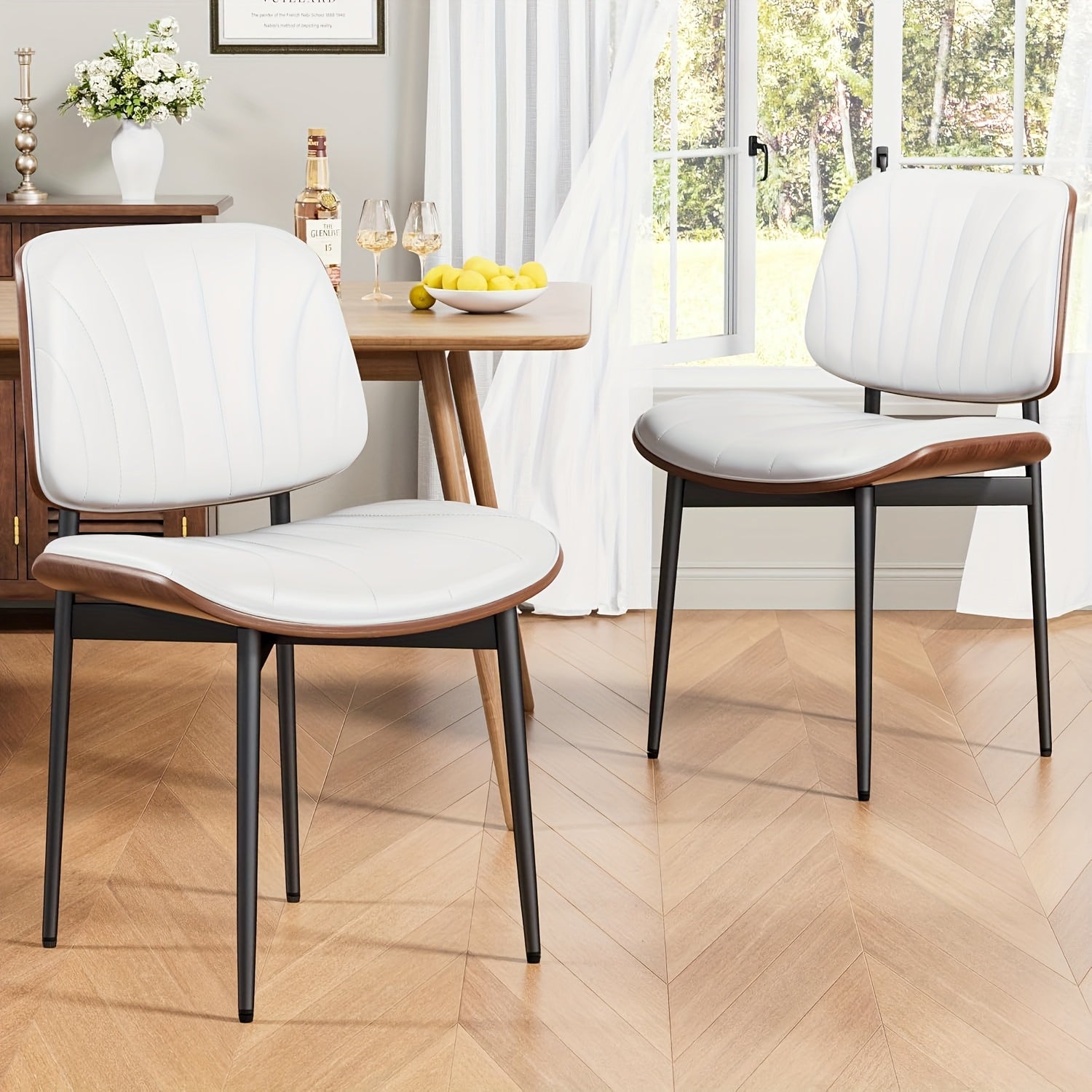 Dining Chair Set of 2, Shell Pattern Upholstered PU Leather with Adjustable Feet, Sponge Backrest and Metal Legs, Suitable for Home Restaurant & Kitchen, Kitchen Seating and Restaurant Chairs, Stylish Seating with Contemporary Design, Highquality Leather