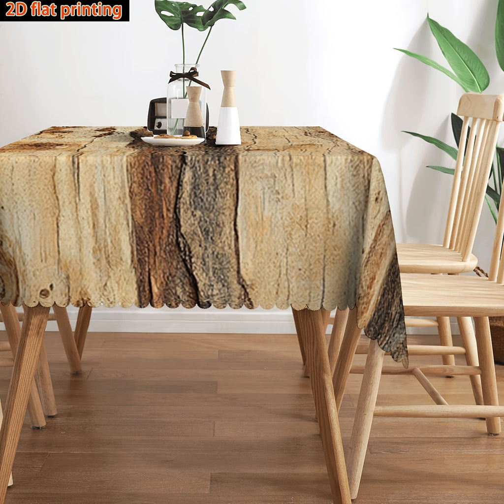 1pc 2D Flat Farmhouse Worn Wood Grain Geometric Pattern Printed Decorative Rectangular Tablecloth with Fan-Shaped Edges, Made of Durable Polyester Fabric, Suitable for Family Tablecloths, Dining Tables, Table Covers, Coffee Table Cloths
