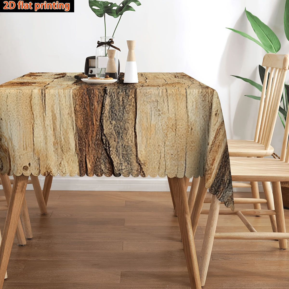 1pc 2D Flat Farmhouse Worn Wood Grain Geometric Pattern Printed Decorative Rectangular Tablecloth with Fan-Shaped Edges, Made of Durable Polyester Fabric, Suitable for Family Tablecloths, Dining Tables, Table Covers, Coffee Table Cloths
