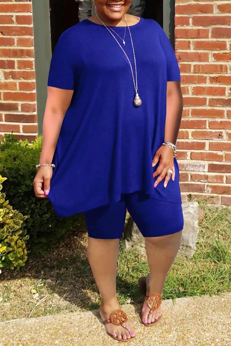 Last Day 48%OFF-Plus Size Ruffled Hem Solid Color Top & Shorts