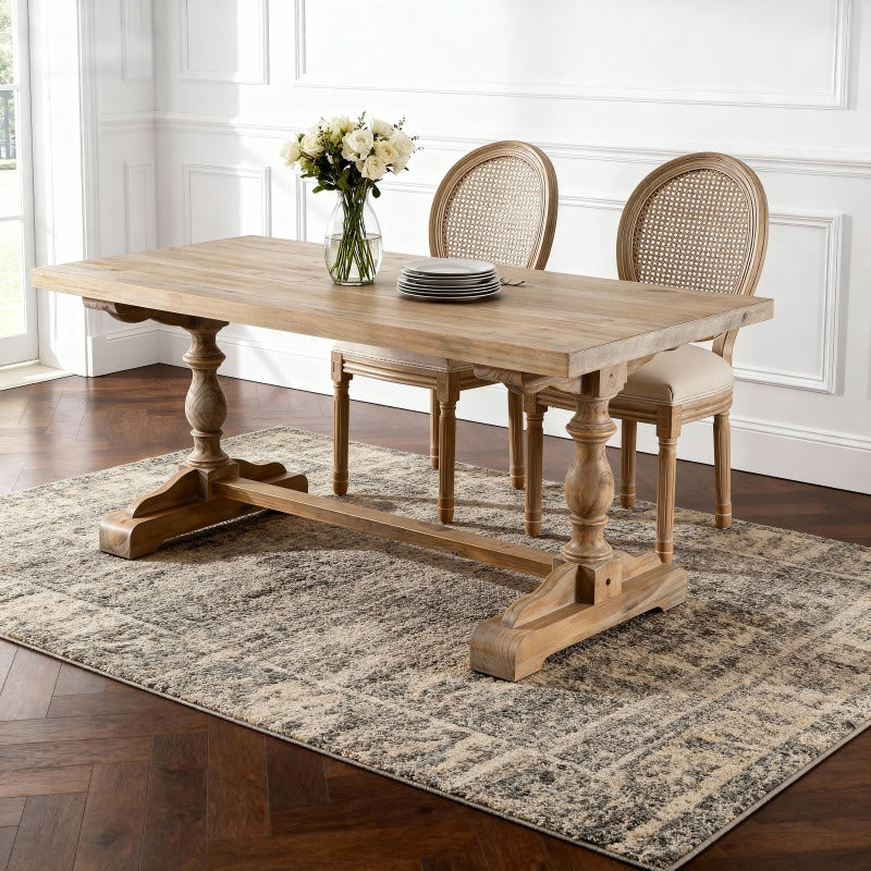 Set of 2 French Style Solid Wood Frame Linen Fabric Rattan Back Dining Chairs | Beige, Modern Style, Dry Clean Care