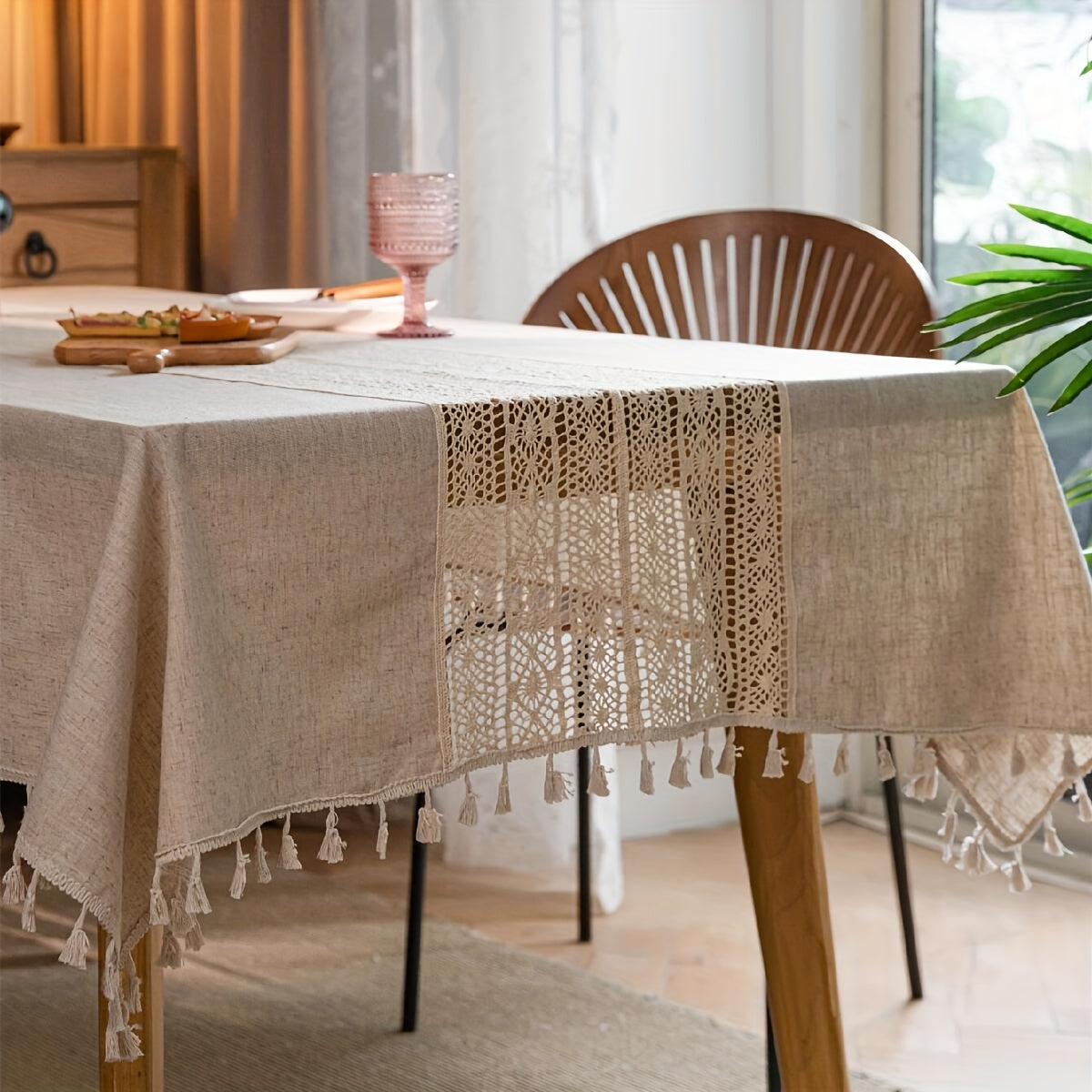 1pc Bohemian Hand-Crocheted Polyester Hemp Tablecloth | Retro Hollow Beige Fringed, Suitable for Christmas, Picnic, Dust Decoration, Square Shape, 110-120gsm