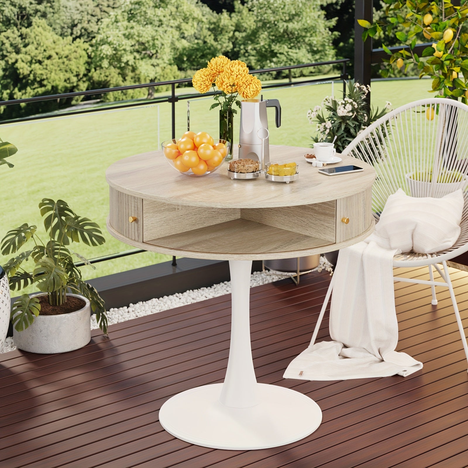 31.5-inch Round Dining Table | Suitable for 2-3 People, Farmhouse-style Wooden Kitchen Table with Mid-century Modern Design, Metal Base, Two Sliding Doors, Four Hidden Storage Compartments, Ideal for Small Spaces, Apartments, Cafes